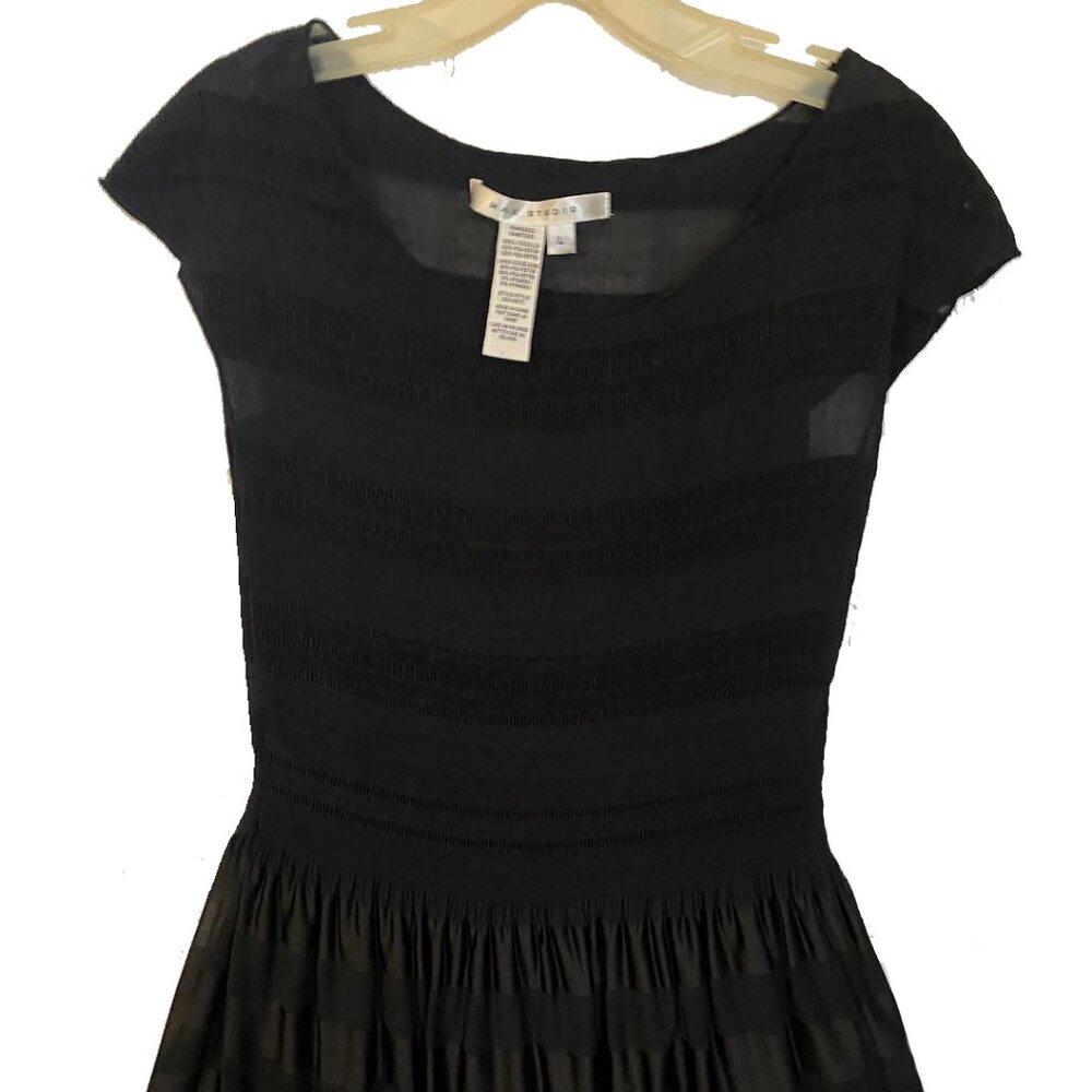 Max Studio Dress Womens L Black Striped Smocking Sleeveless Sheer